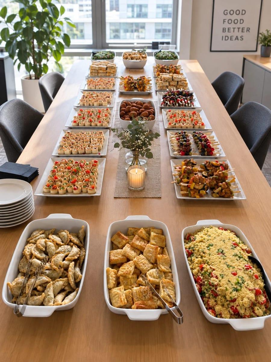Fingerfood-Buffet auf einem Konferenztisch im Büro