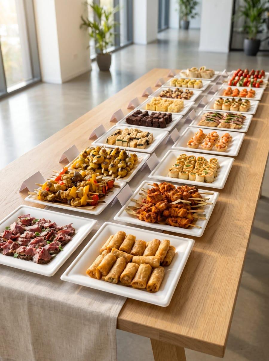 Lange Tafel mit Fingerfood-Platten und Spießen