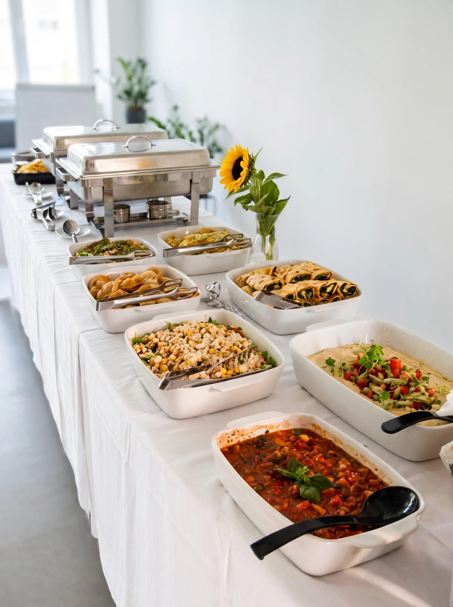 Buffet von Sattuni mit Hummus, Salaten, Wraps, Teigtaschen und Chafing Dishes
