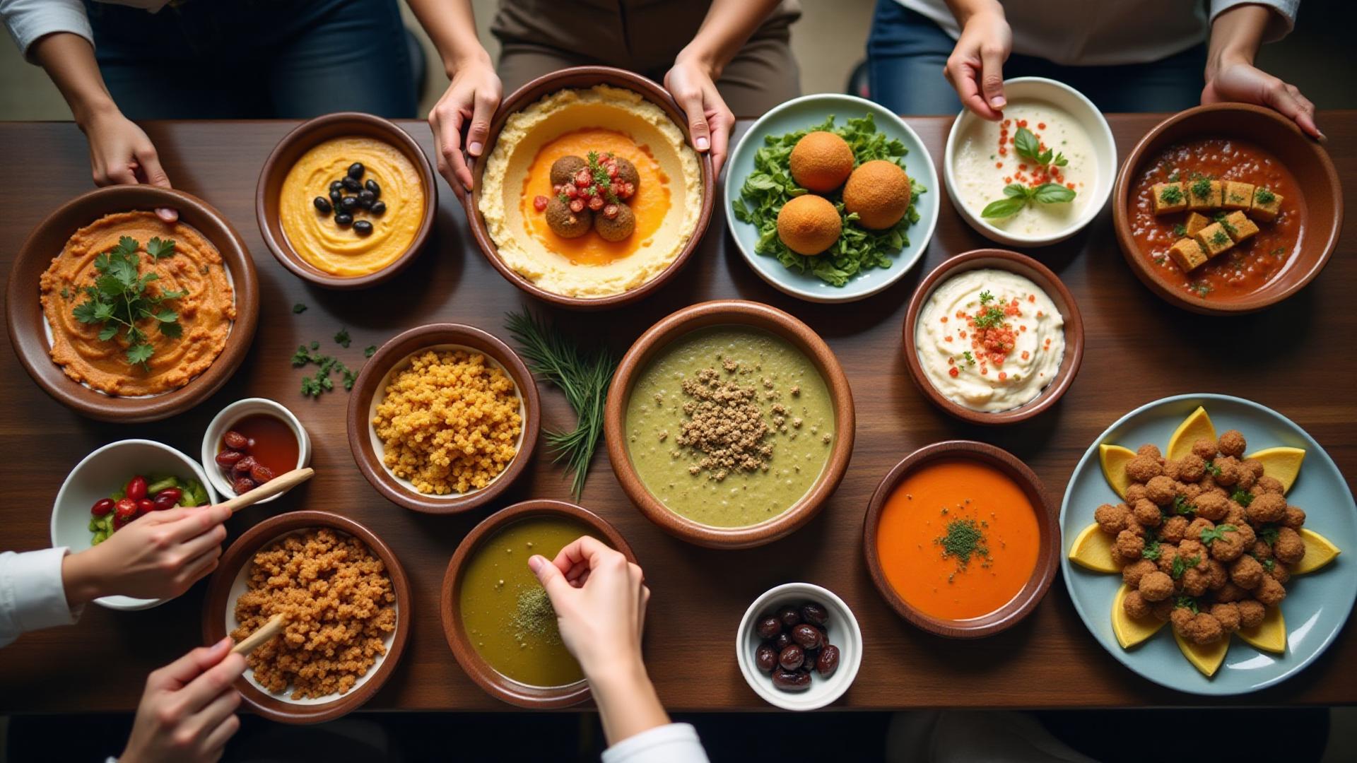 Arabische Mezze-Platten auf einem Holztisch, Menschen teilen gemeinsam verschiedene Gerichte