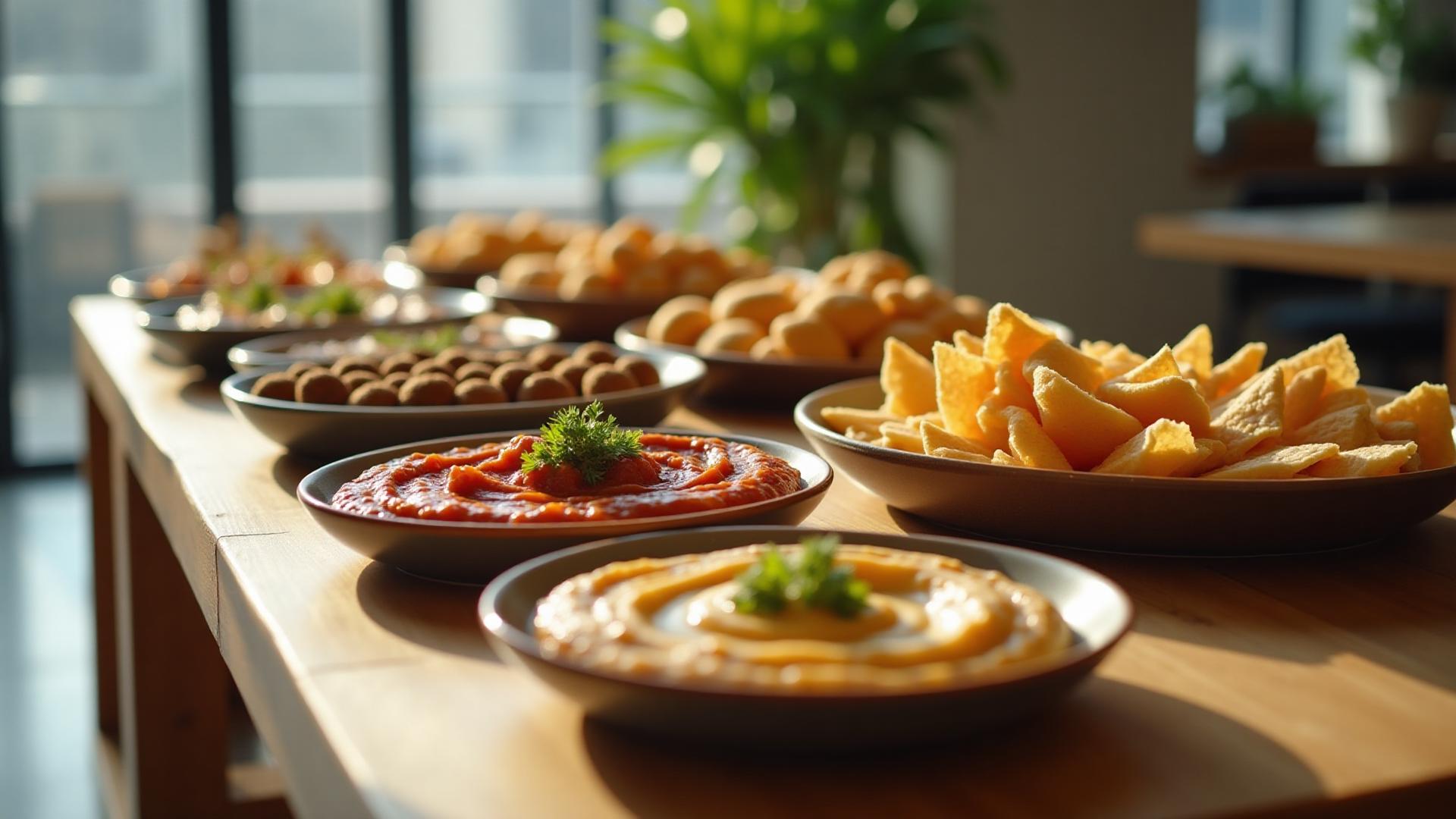 Modernes arabisches Fingerfood-Buffet in hellem Büroambiente